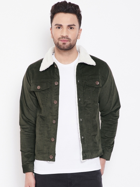

FUGAZEE Men Olive Green Colourblocked Corduroy Jacket