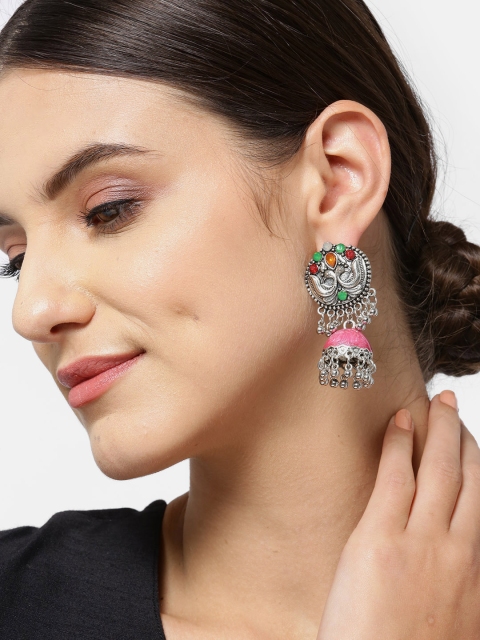 

justpeachy Pink & Silver Toned Stone Studded Textured Dome Shaped Jhumkas