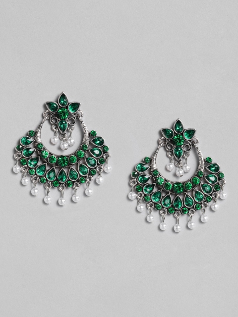 

justpeachy Green & Silver-Plated Kundan Studded Oxidised Chandbalis