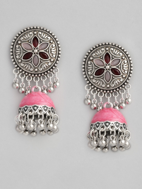 

justpeachy Pink & Silver-Toned Dome Shaped Oxidized Jhumkas