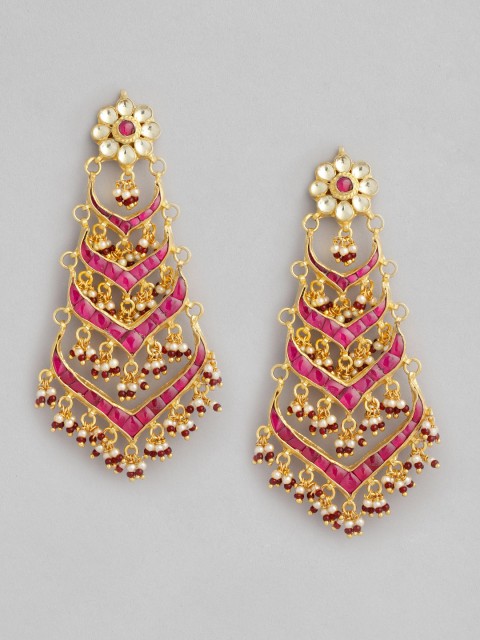 

justpeachy Red & Gold-Toned Kundan-Studded Floral Drop Chandelier Earrings