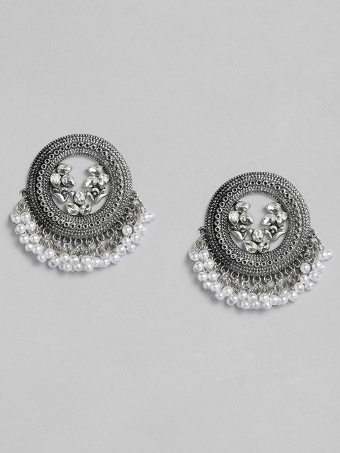 

justpeachy Silver-Plated Oxidised Circular Drop Earrings