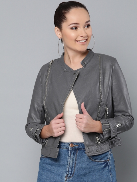 

VividArtsy Women Grey Solid Asymmetric Closure Biker Jacket