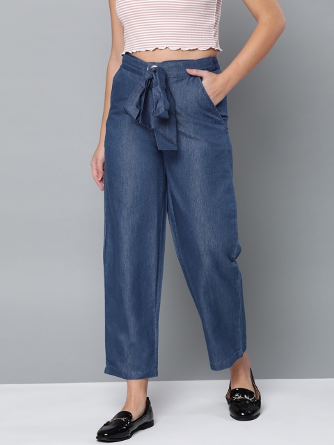 

VividArtsy Women Navy Blue Regular Fit Chambray Solid Cropped Parallel Trousers