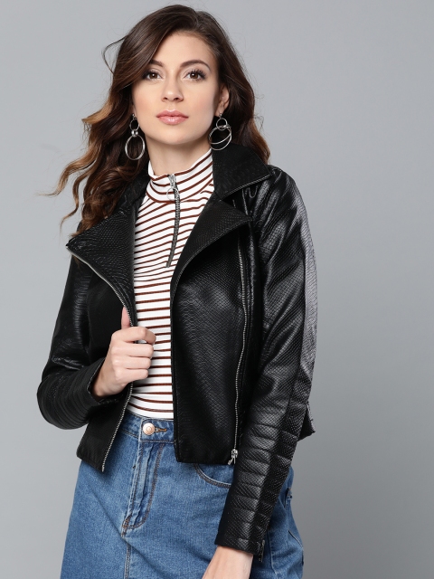 

VividArtsy Women Black Snake Skin textured Asymmetric Closure Biker Jacket