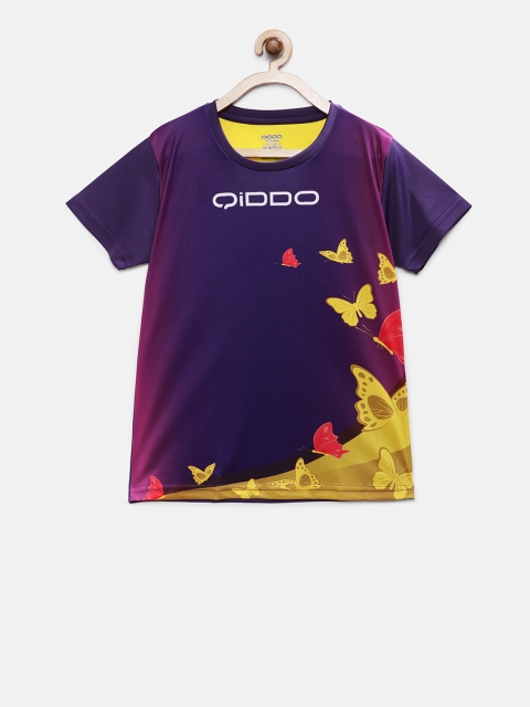 

QIDDO Girls Purple & Yellow Printed Round Neck T-shirt