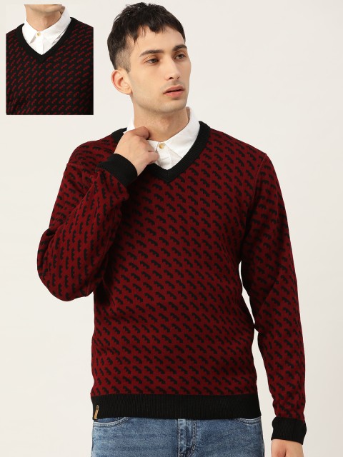 

Peter England Men Maroon & Black Self Design Reversible Pullover Sweater