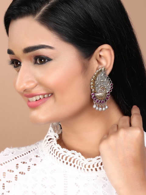 

Rubans Silver-Toned & Gold-Toned Classic Oxidised Drop Earrings