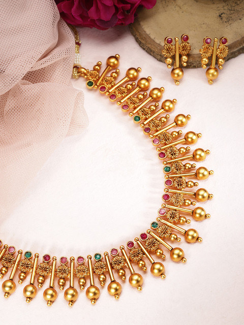 

Rubans Women Gold-Plated Pink & Green Stone Studded Handcrafted Temple Jewellery Set