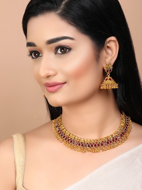 

Rubans Women Gold-Plated Red Stone Studded Handcrafted Temple Jewellery Set