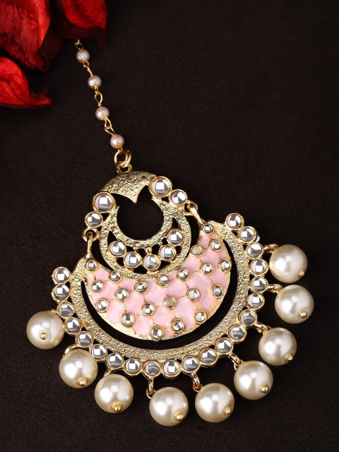 

Rubans Women Gold-Plated & Pink Enamelled Hand Painted Statement Maangtika