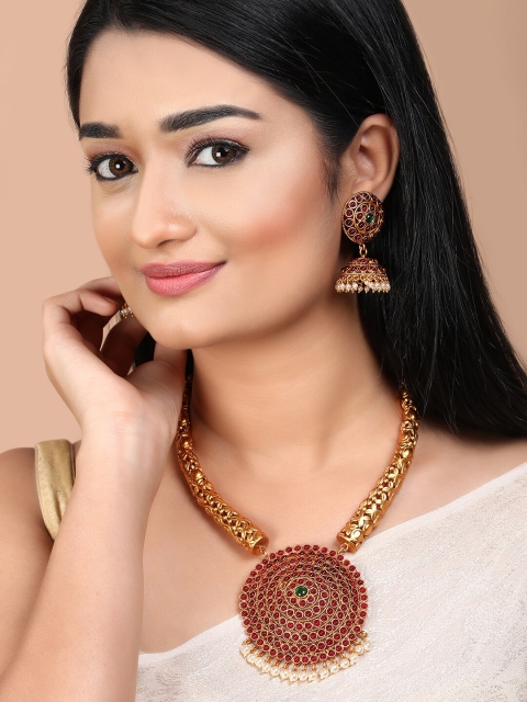 

Rubans Women Gold-Plated Red Stone Studded Handcrafted Silver Jewellery Set