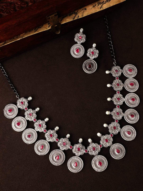 

Rubans Women Purple Stone Studded Handcrafted Oxidized Silver Jewellery Set