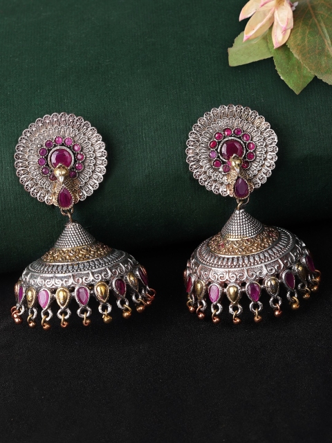 

Rubans Silver-Toned & Pink Dome Shaped Oxidised Jhumkas