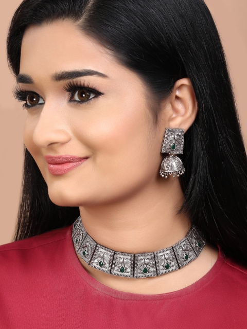 

Rubans Women Green Stone Studded Handcrafted Oxidized Silver Jewellery Set