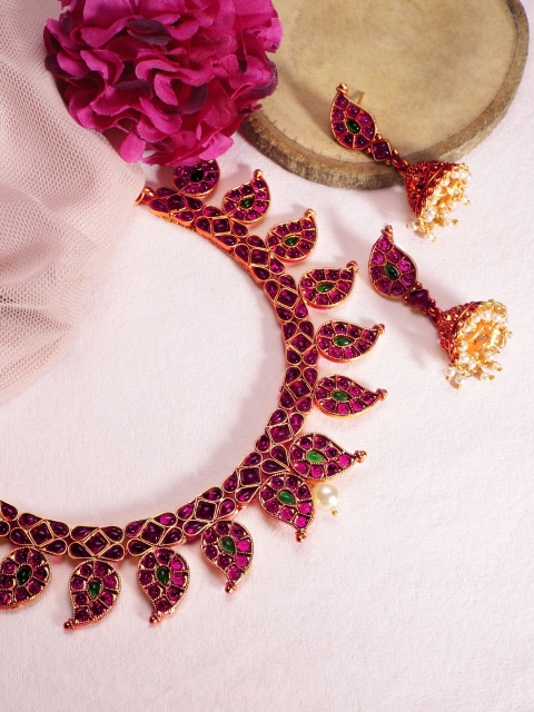 

Rubans Women Gold-Plated Purple & Green Stone Studded Handcrafted Silver Jewellery Set