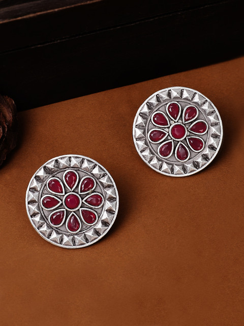 

Rubans Silver-Toned & Pink Oxidised Circular Studs