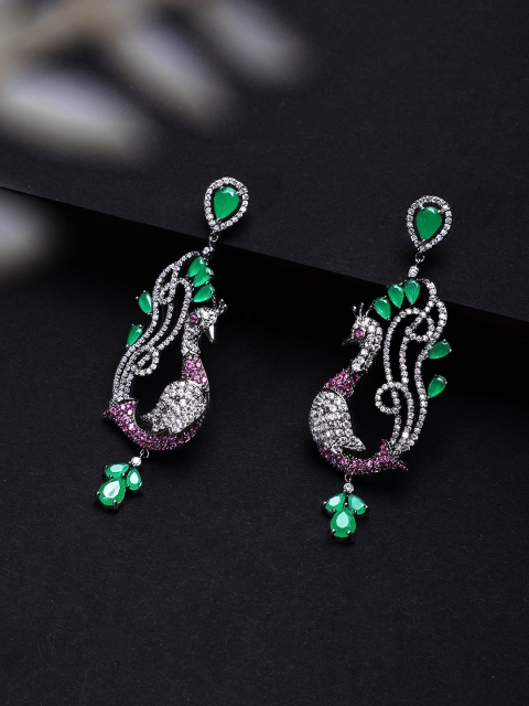 

Rubans Silver-Toned & Pink Peacock Shaped Drop Earrings