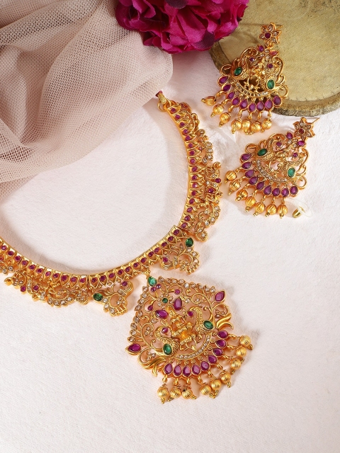 

Rubans Women Gold-Plated Pink & Green Stone Studded Handcrafted Temple Jewellery Set