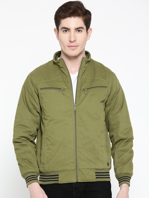 

Duke Men Olive Green Solid Bomber Jacket