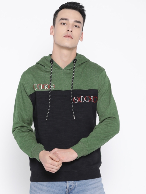 

Duke Men Olive Green & Black Colourblocked Hooded Sweatshirt