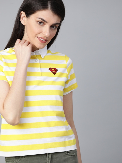 

Justice League Women Yellow & White Striped Polo Collar T-shirt
