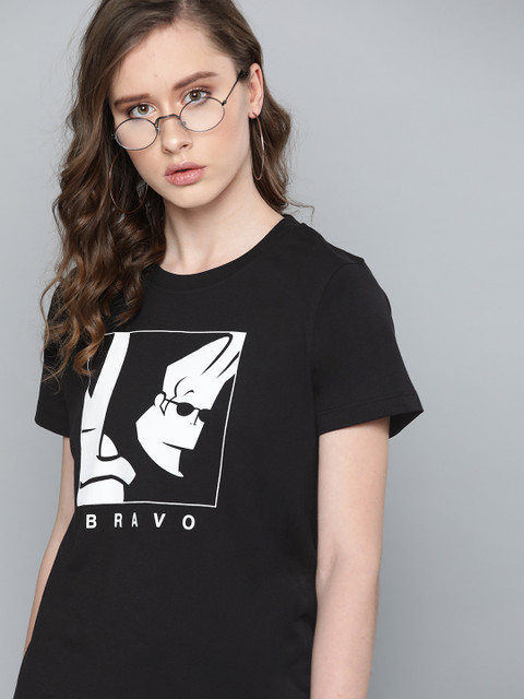 

Johnny Bravo by Kook N Keech Women Black & White Printed Round Neck T-shirt