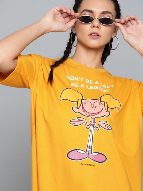 Women Mustard Yellow Graphic Printed Drop Shoulder T-shirt