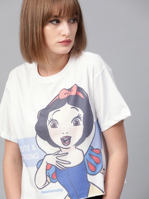 

Kook N Keech Disney Women White & Blue Snow White Print Round Neck Boxy T-shirt
