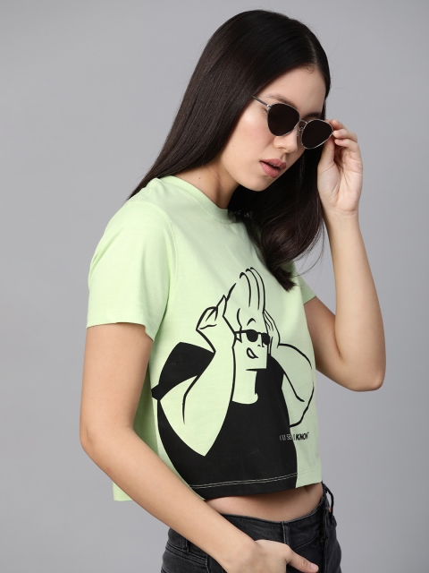 

Johnny Bravo by Kook N Keech Women Green Black Printed Round Neck Pure Cotton T-shirt