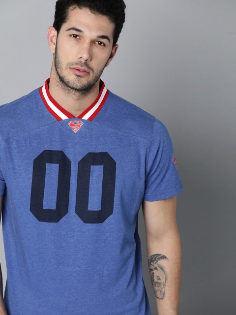 

Justice League Men Blue Printed V-Neck T-shirt