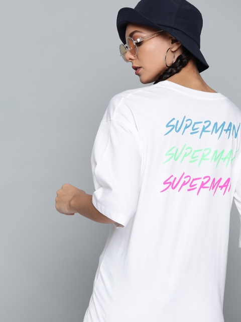 

Justice League Women White Superman Print Round Neck Longline T-shirt