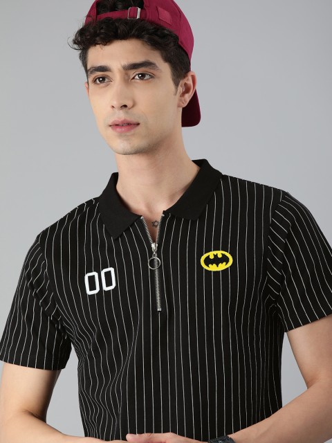 

Justice League Men Black & White Batman Striped Polo Collar T-shirt