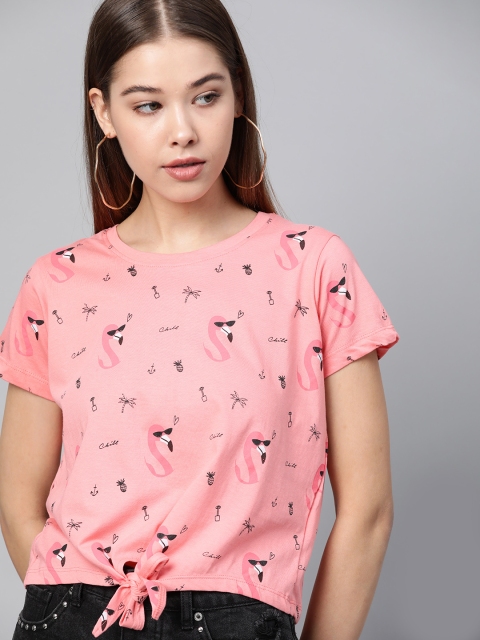 

Kook N Keech Women Pink & Black Conversational Printed Waist Tie-Up Crop Pure Cotton Top