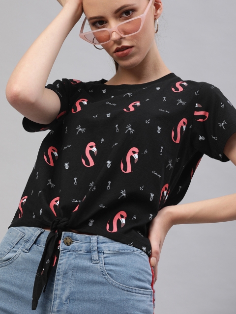 

Kook N Keech Women Black & Pink Printed Round Neck Crop T-shirt with Tie-Ups