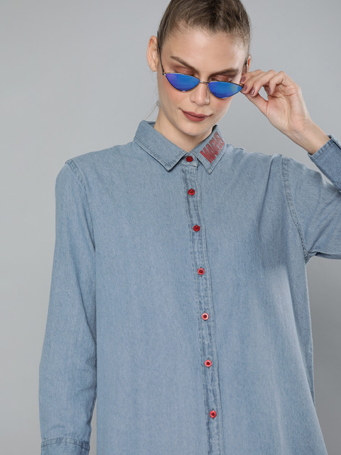 

Kook N Keech Marvel Women Blue Printed Denim Shirt Dress