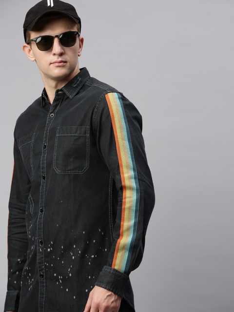 

Kook N Keech Men Black Regular Fit Faded Casual Shirt with Side Stripe on Sleeves