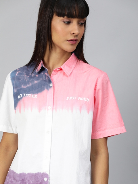 

Kook N Keech Women White & Pink Regular Fit Colourblocked Casual Shirt with Print