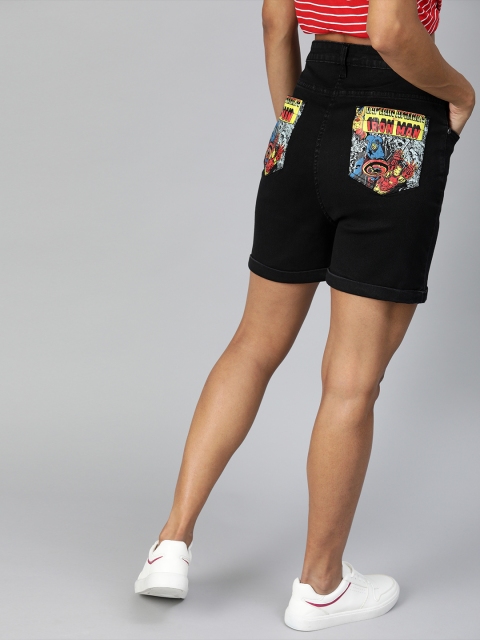 

Kook N Keech Marvel Women Black Solid Regular Fit Distressed Denim Shorts with Print