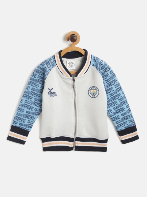 

GAME BEGINS Boys Off White & Blue Solid Bomber Jacket with Printed Sleeves