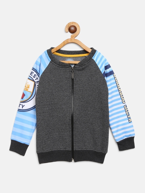 

GAME BEGINS Boys Charcoal Grey & Blue Solid Sweatshirt with Striped & Printed Detail