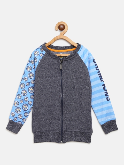 

GAME BEGINS Boys Navy Blue Solid Sweatshirt with Striped & Printed Detail