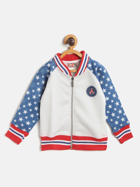 

GAME BEGINS Boys Off White & Blue Solid Bomber Jacket with Printed Sleeves