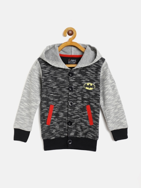 

GAME BEGINS Boys Black & Grey Melange Effect Pure Cotton Hooded Sweatshirt