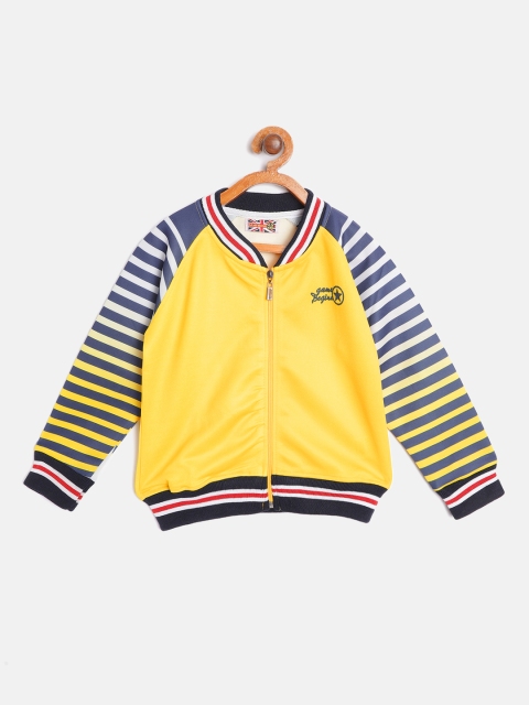 

GAME BEGINS Boys Yellow & Navy Blue Pure Cotton Solid Bomber Jacket with Striped Detail