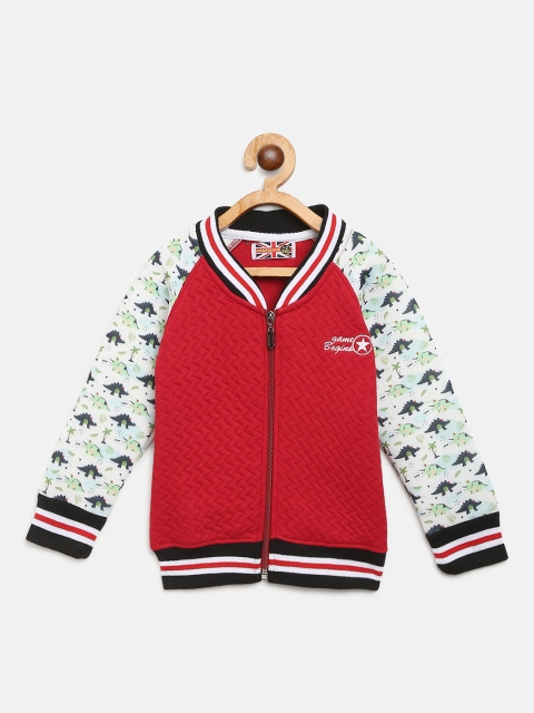 

GAME BEGINS Boys Red & White Self-Design Front-Open Sweatshirt with Printed Detail