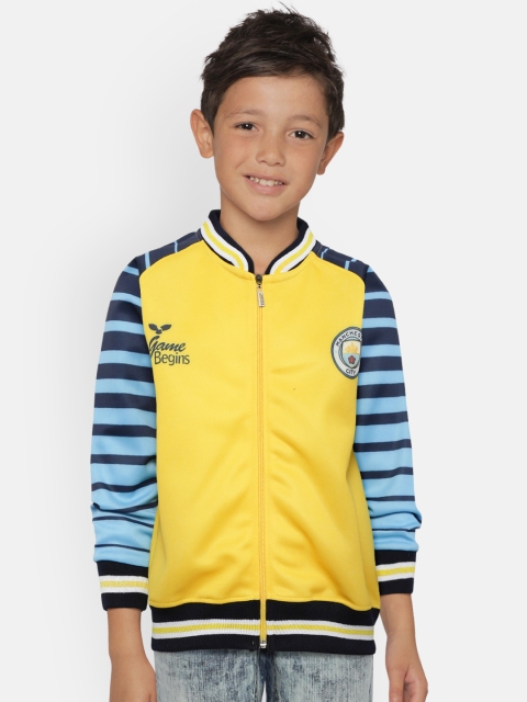 

GAME BEGINS Boys Yellow & Blue Solid Front-Open Sweatshirt with Striped Detail