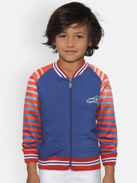 

GAME BEGINS Boys Blue Self-Design Front-Open Sweatshirt with Striped Detail