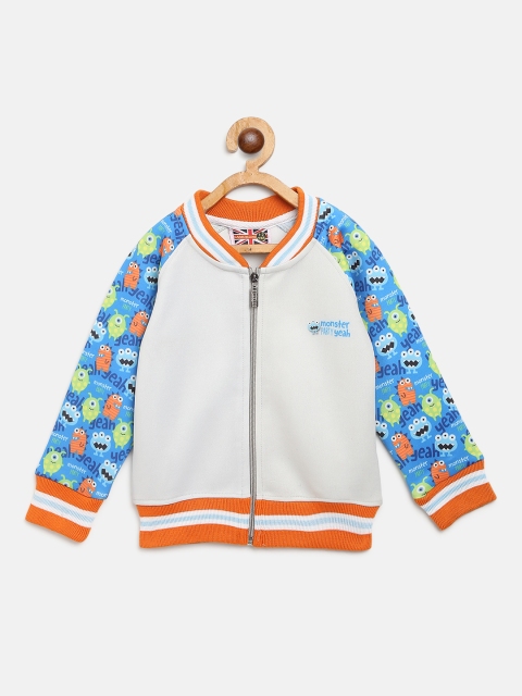 

GAME BEGINS Boys Off-White & Blue Solid Front-Open Sweatshirt with Printed Detail