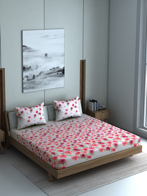 

SPACES Grey & Pink 144 TC Cotton 1 Queen Bedsheet with 2 Pillow Covers
